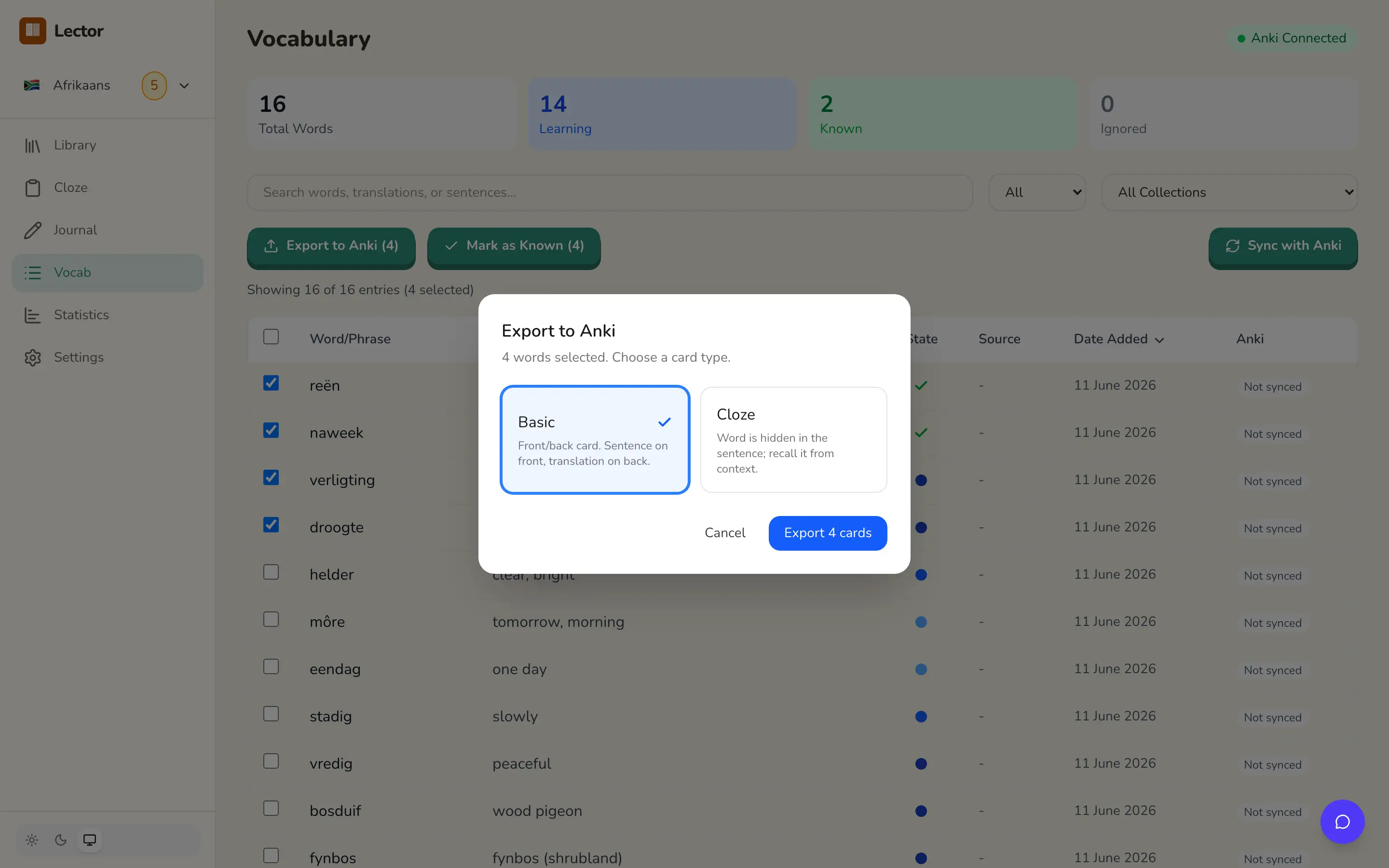 The export-to-Anki dialog with the Basic and Cloze card types