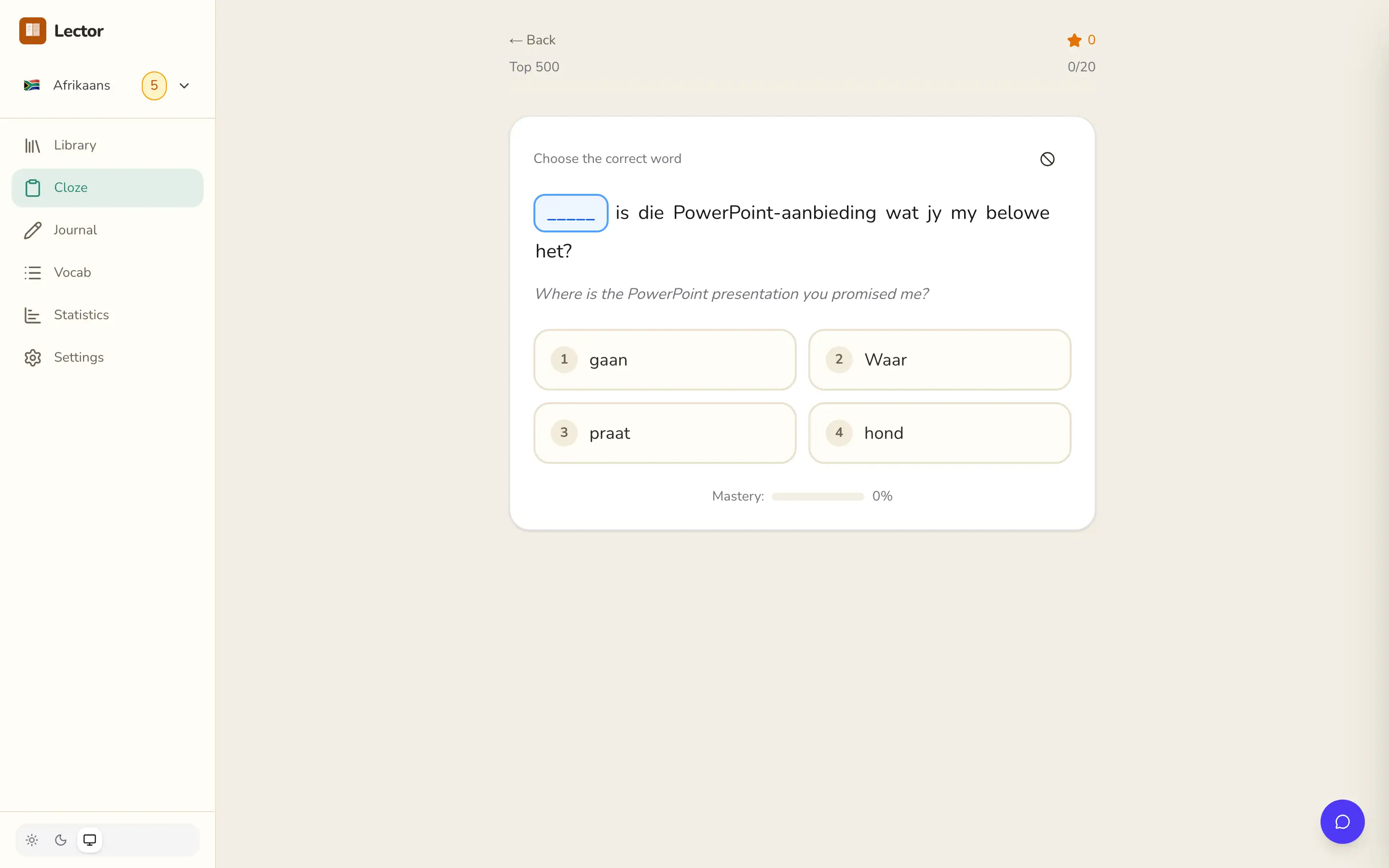 Cloze practice with multiple-choice options and mastery tracking