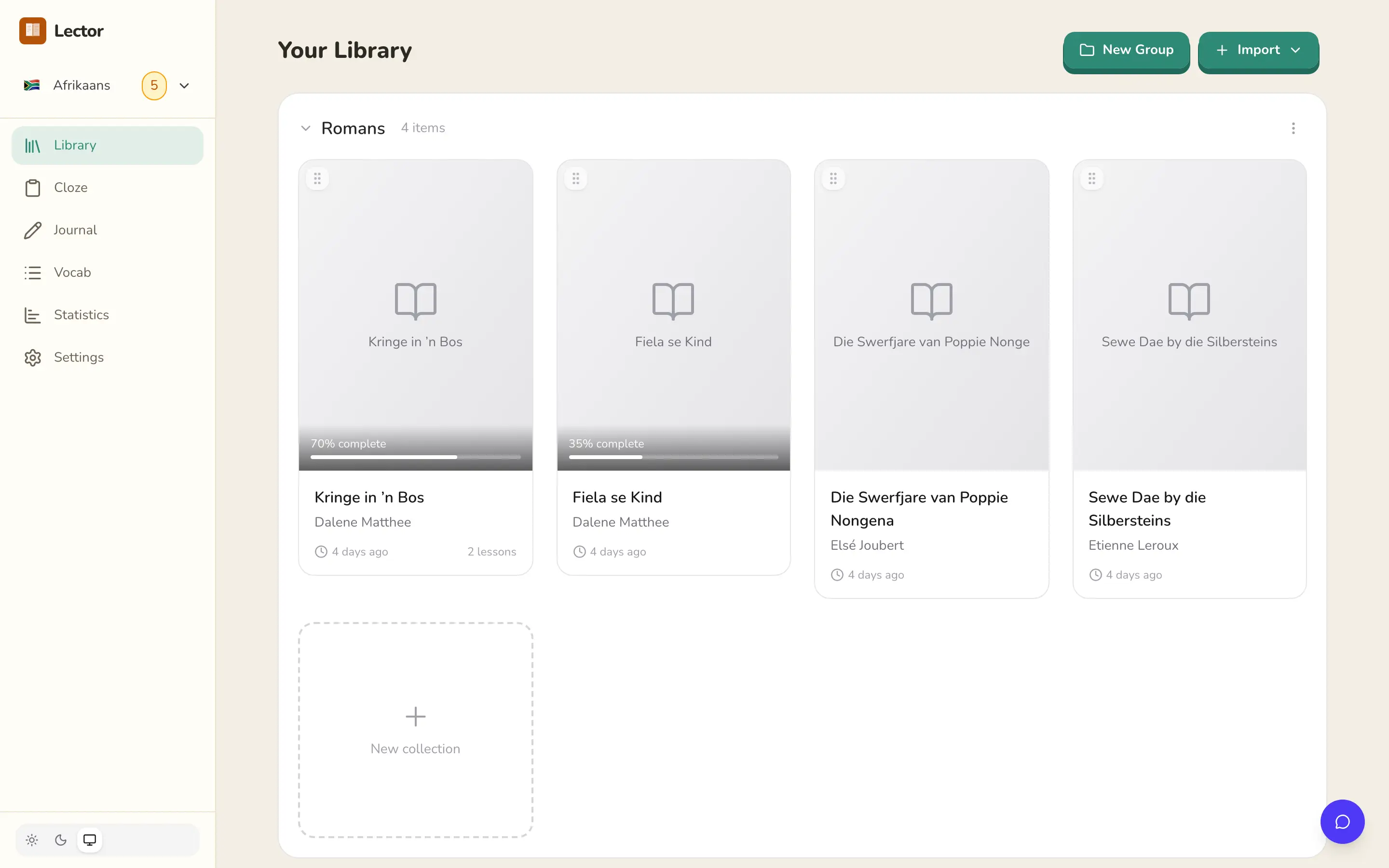 Library organised into collapsible groups with drag-to-reorder and reading progress