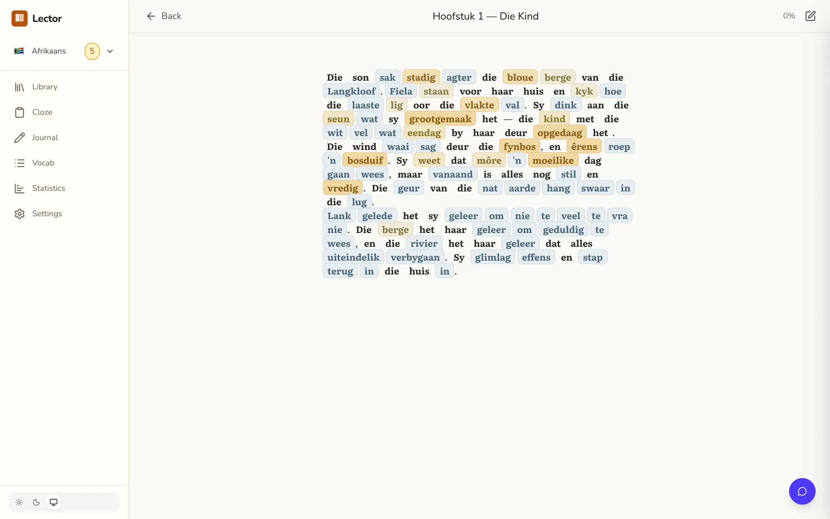 Lector reader view with click-to-translate and word-state colouring