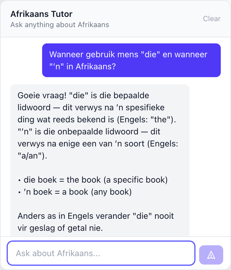 LLM tutor chat showing an Afrikaans grammar conversation