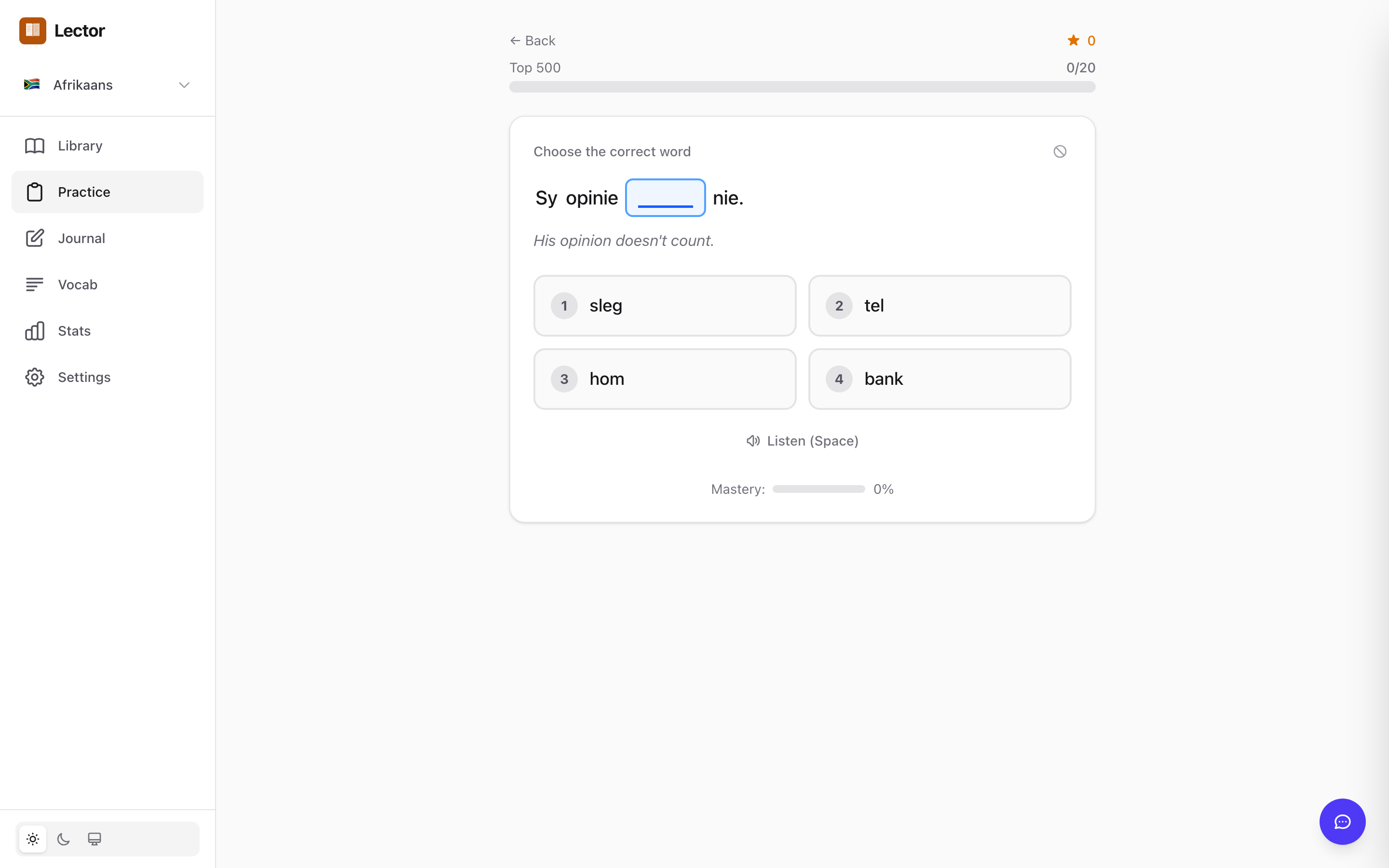 Cloze practice with multiple choice options and mastery tracking