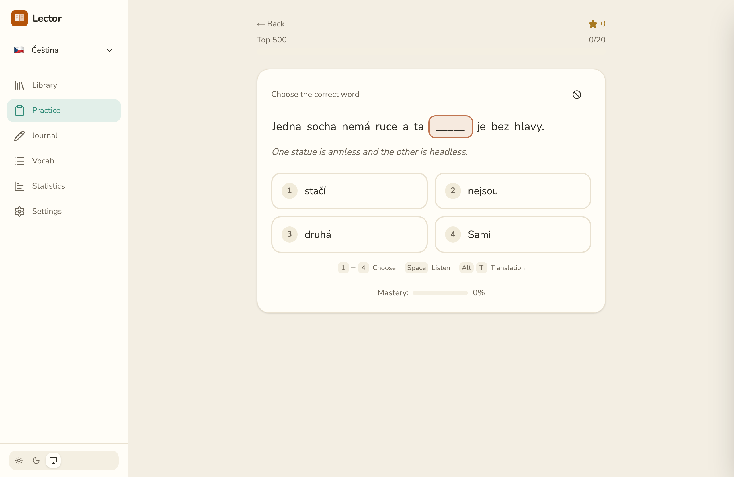 Czech cloze practice in Lector with multiple-choice options