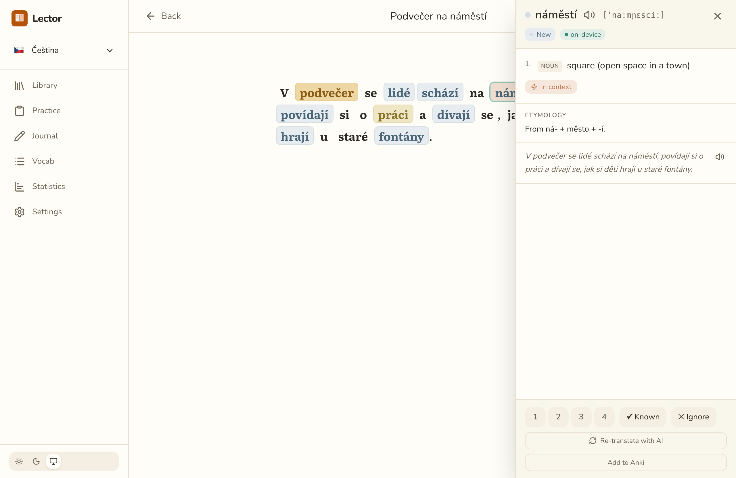 Lector reading a Czech passage with colour-coded word states and click-to-translate