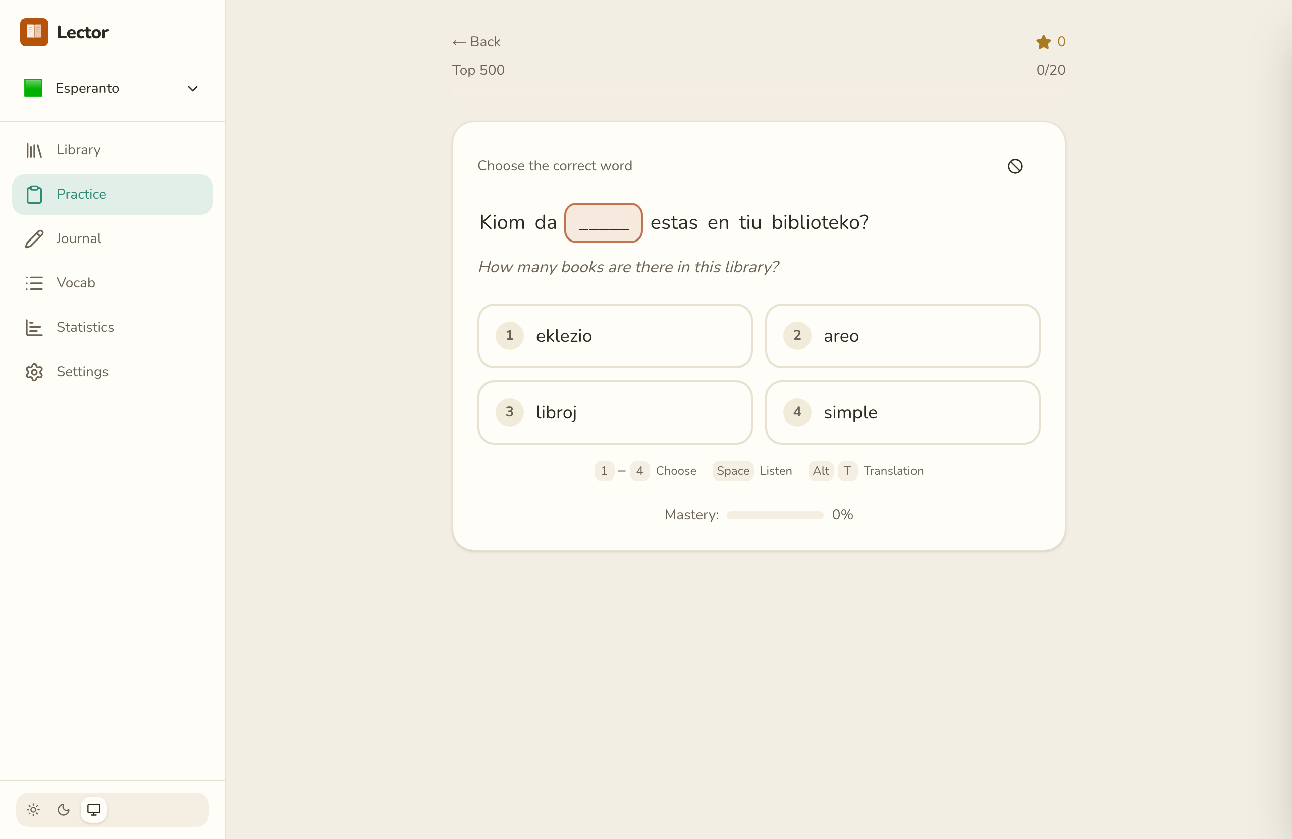 Esperanto cloze practice in Lector with multiple-choice options