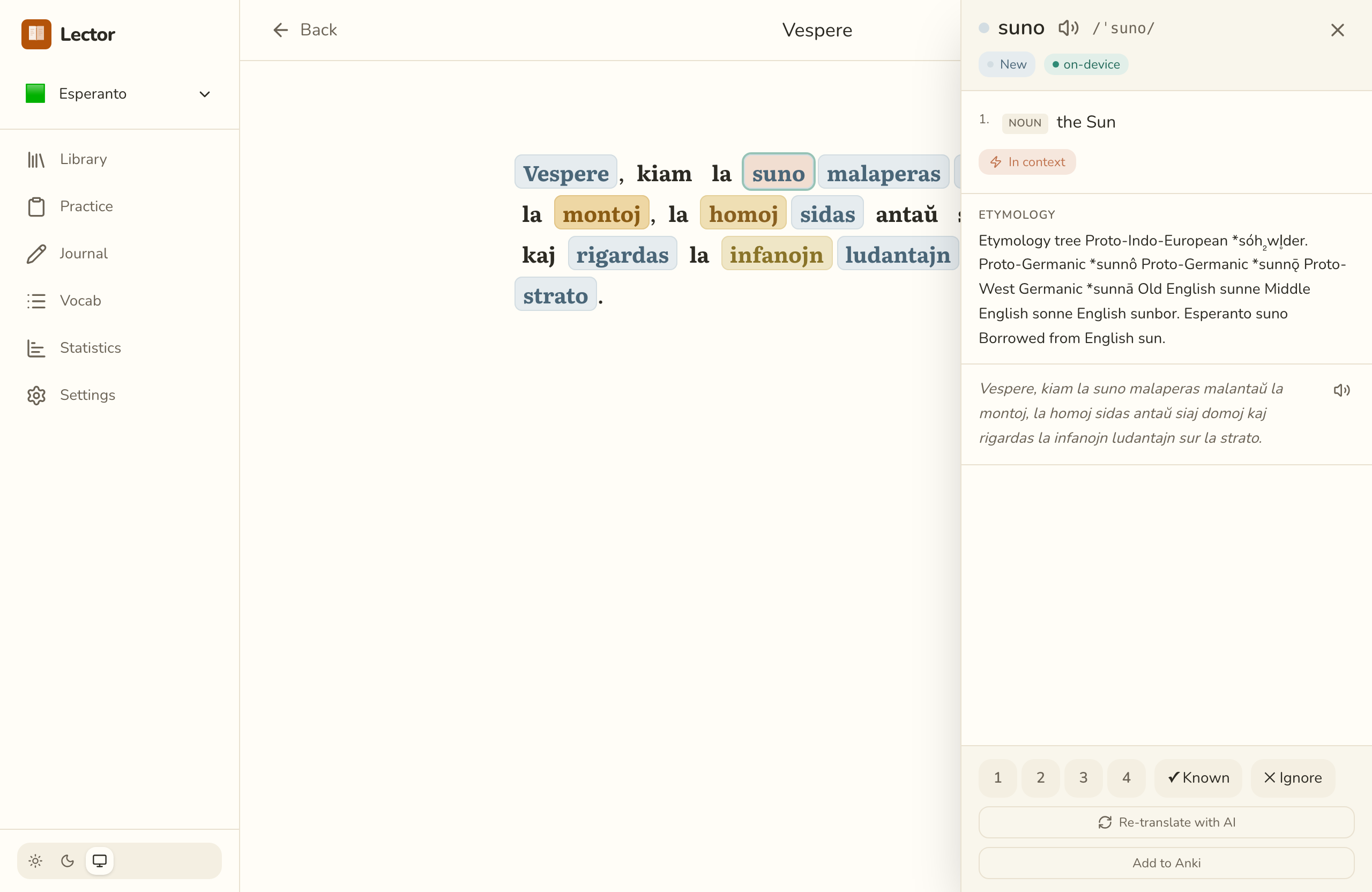 Lector reading an Esperanto passage with colour-coded word states and click-to-translate