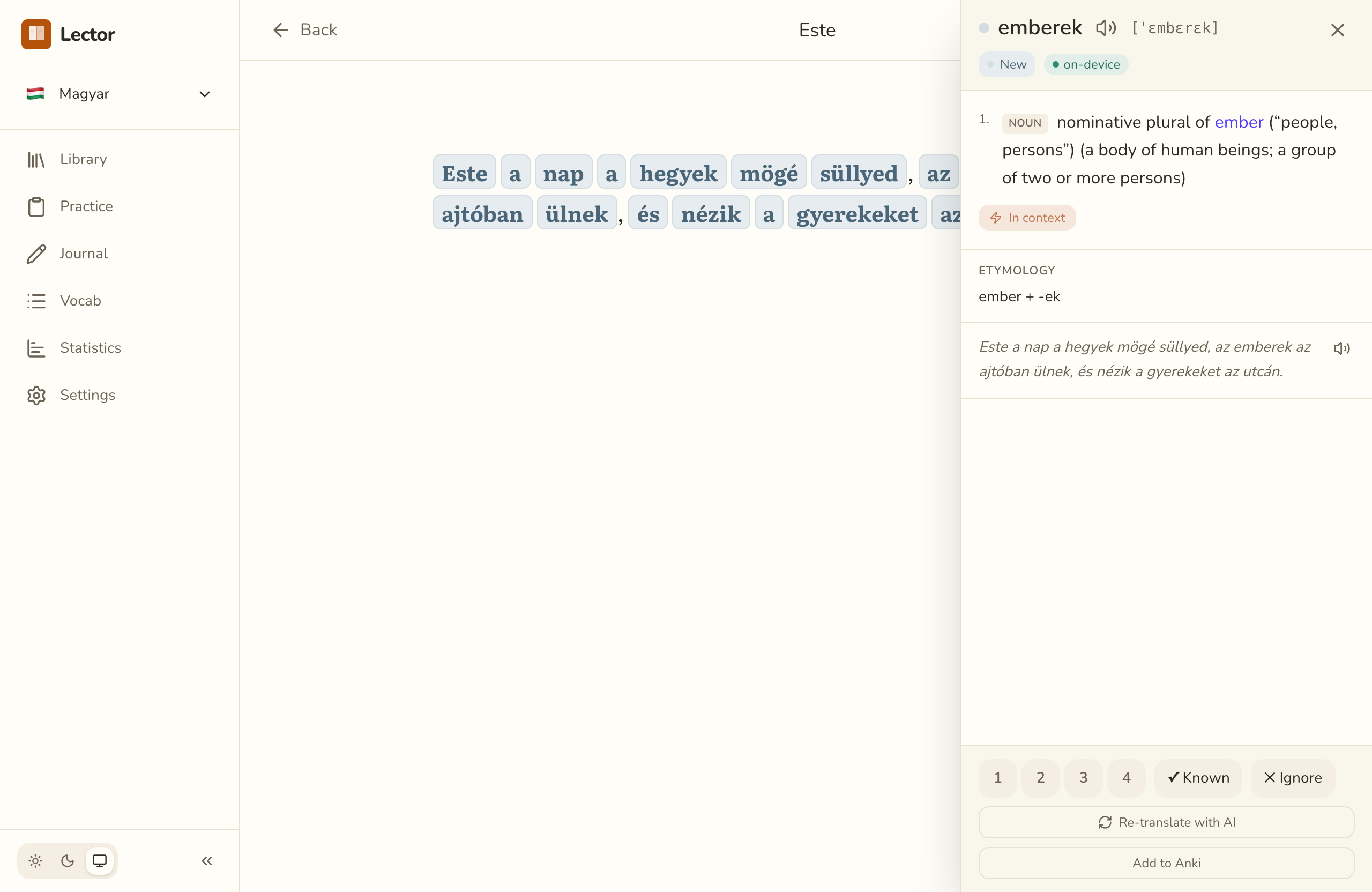 Lector reading a Hungarian passage with colour-coded word states and click-to-translate