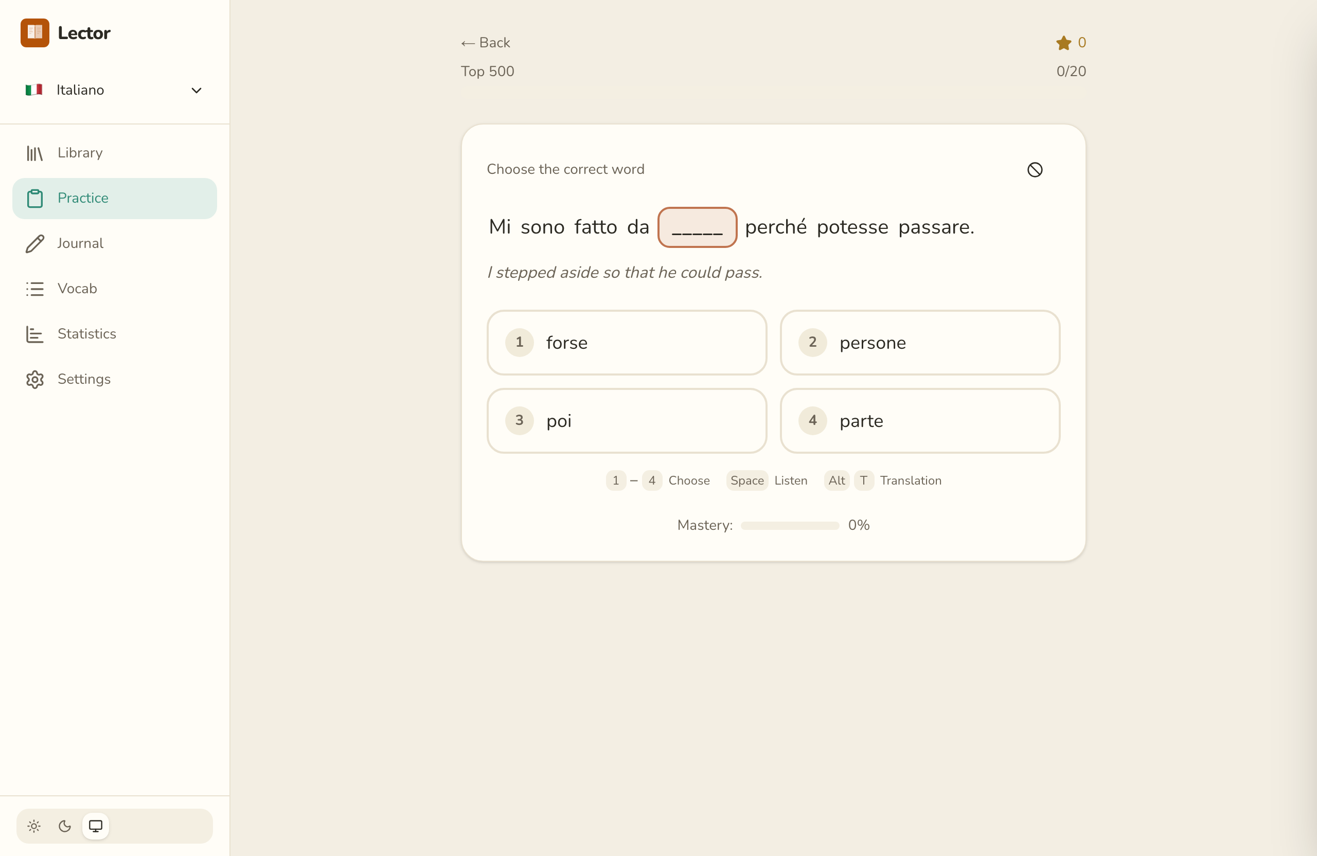 Italian cloze practice in Lector with multiple-choice options