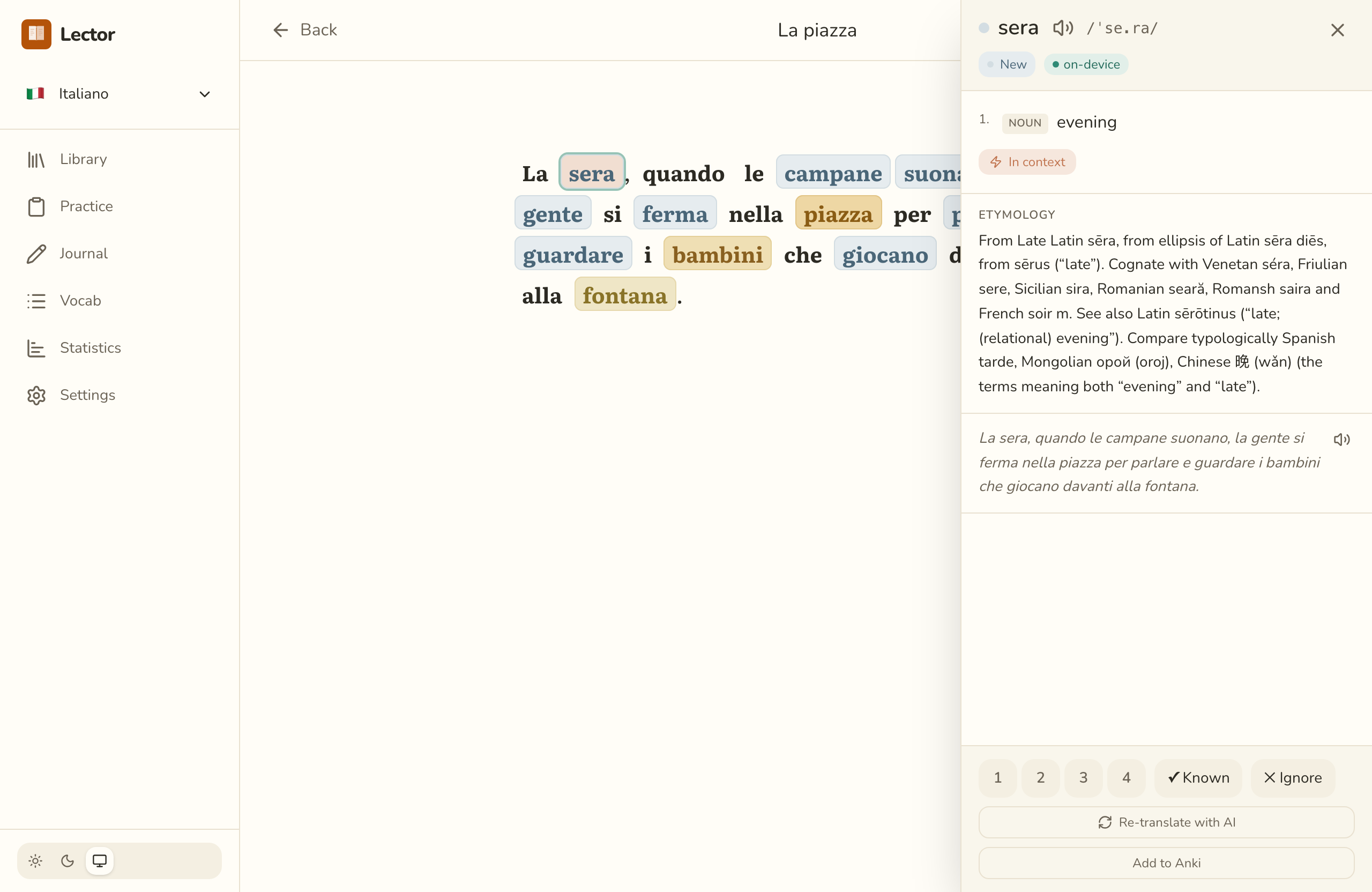 Lector reading an Italian passage with colour-coded word states and click-to-translate