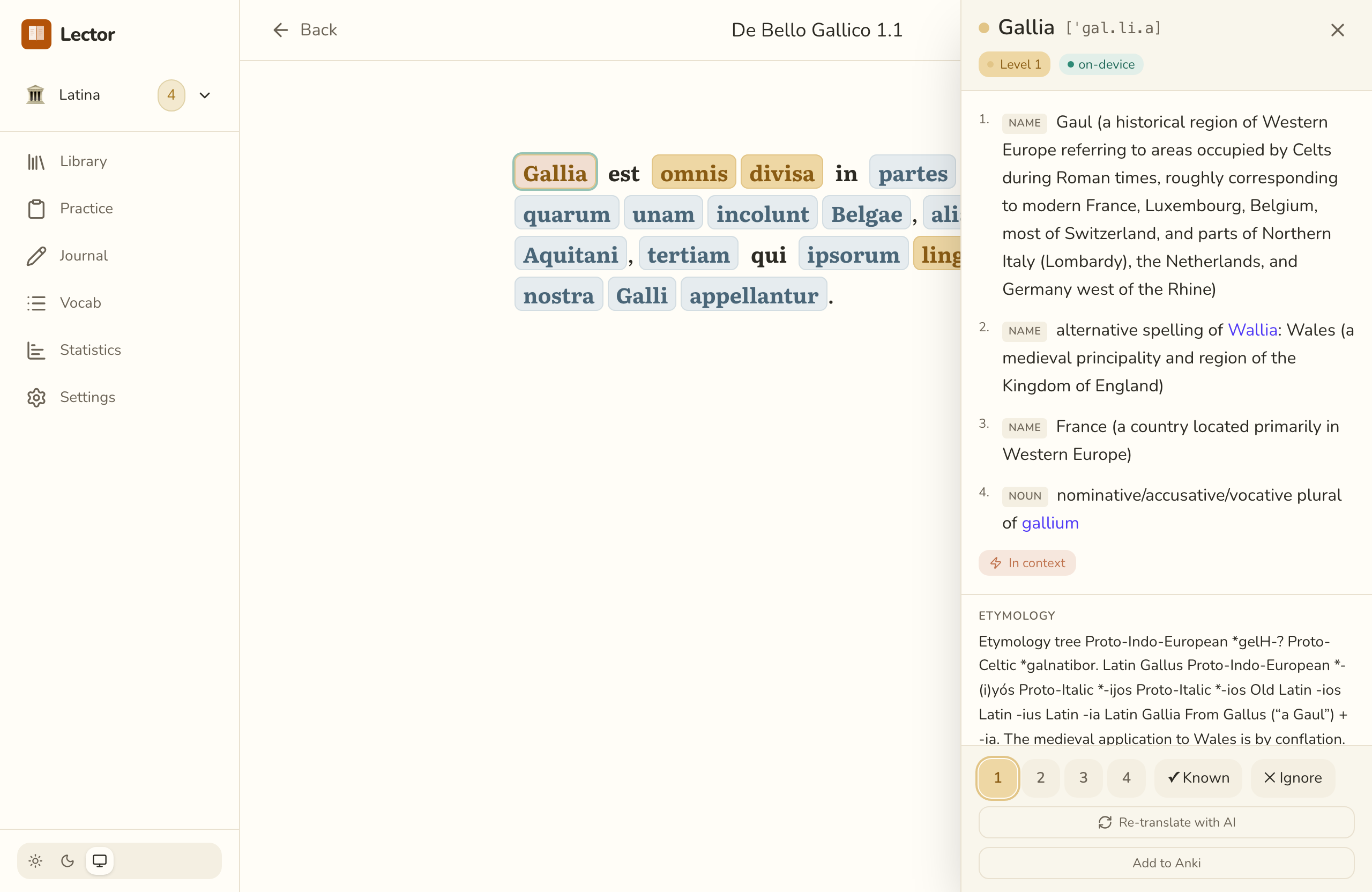 Lector reading a Latin passage with colour-coded word states and click-to-translate