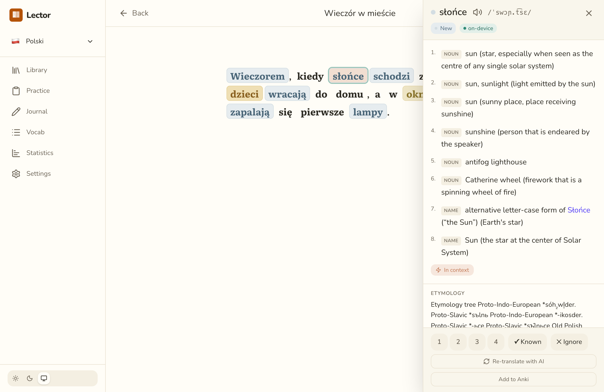 Lector reading a Polish passage with colour-coded word states and click-to-translate