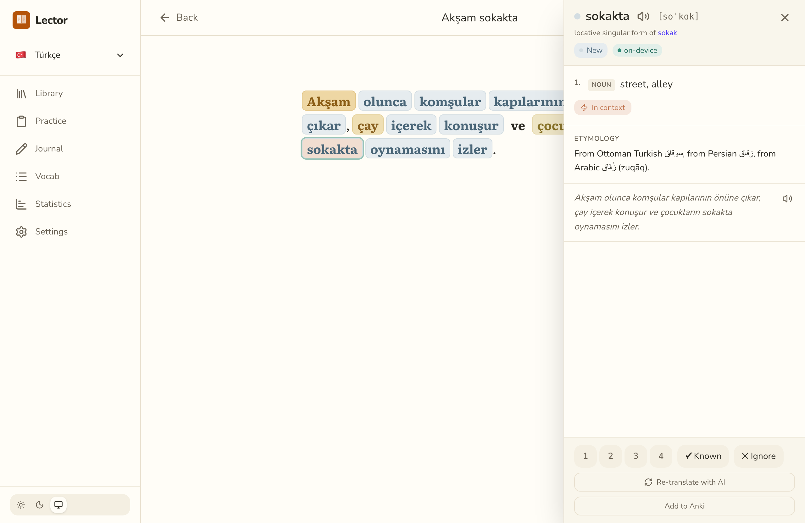 Lector reading a Turkish passage with colour-coded word states and click-to-translate