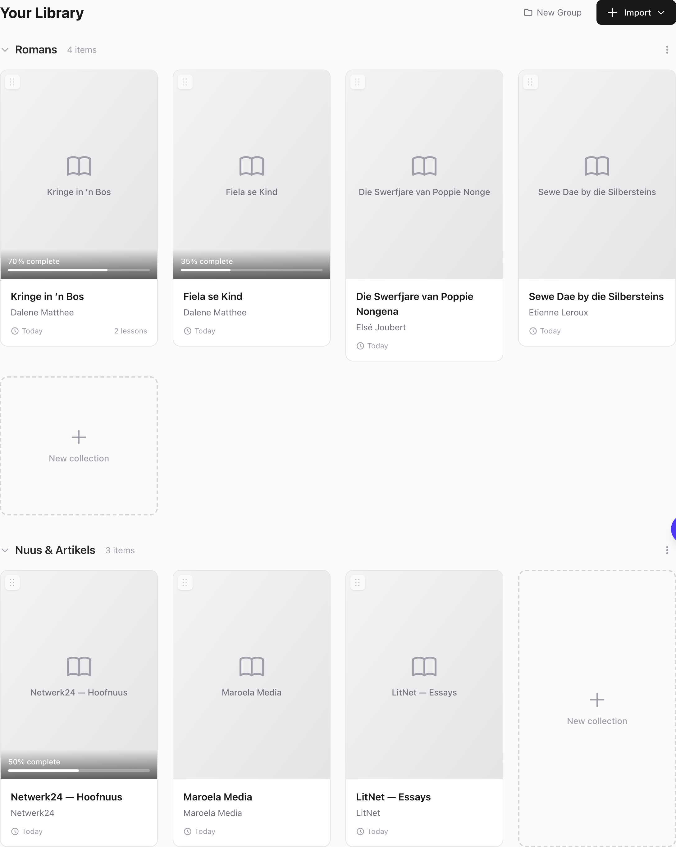 Library organised into collapsible groups with drag-to-reorder and reading progress